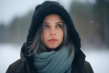 Portrait of a Serious Woman Standing Outside in Her Winter Clothes