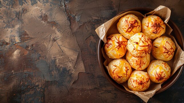 Top view of Brazilian pao de queijo with cheese, using the rule of thirds, with ample copy space