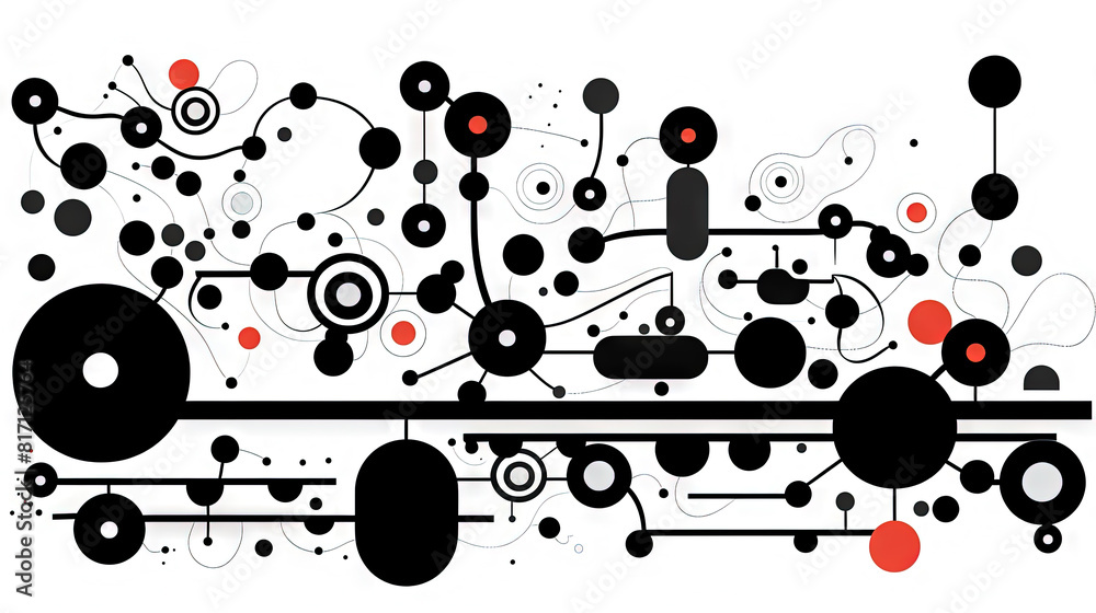 Poster geometric abstract background with black dots, circles and lines.