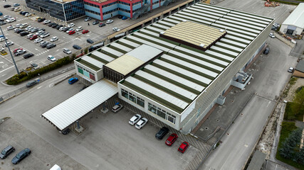 Aerial view of a large industrial warehouse.