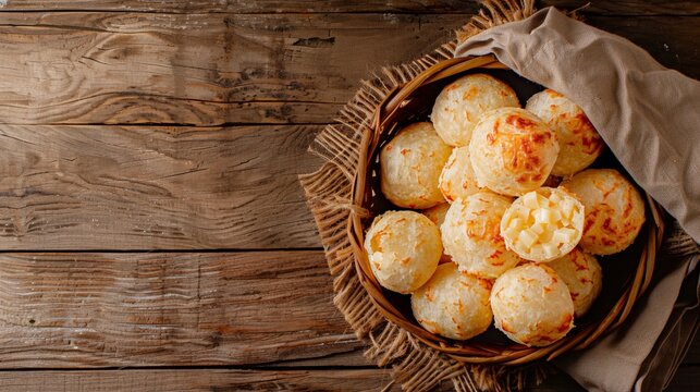 Top view of Brazilian pao de queijo with cheese, using the rule of thirds, with ample copy space