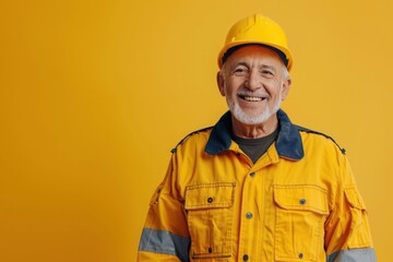 Older man in yellow hard hat and overalls smiling in highvisibility workwear