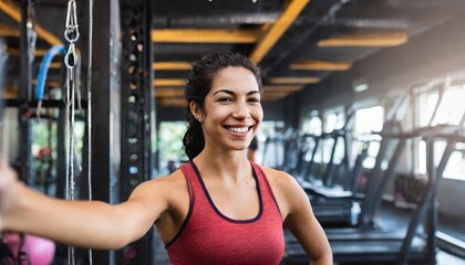 Fototapeta premium Joyful woman taking a selfie in a gym, radiating confidence and positivity after a workout session