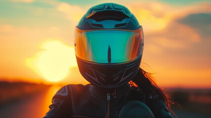 Cyberpunk woman wearing a motorcycle helmet with a mirrored visor, reflecting the amazing sunset