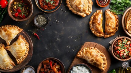 Top view of Argentinian empanadas with various fillings, using the rule of thirds, with ample copy space