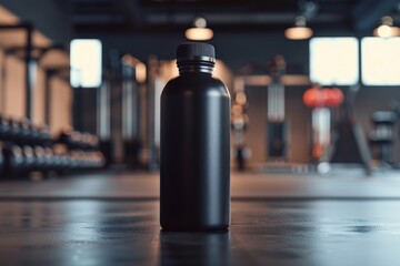 Black Sports Water Bottle on Gym Floor with Blurred Fitness Equipment Background