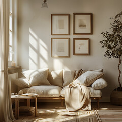 Living room scene, with a leisure sofa next to it, a side table, photo frames hanging on the wall, sunlight shining in, modern and minimalist style, fluffy, cute, comfortable home, cleaning cozy bedro