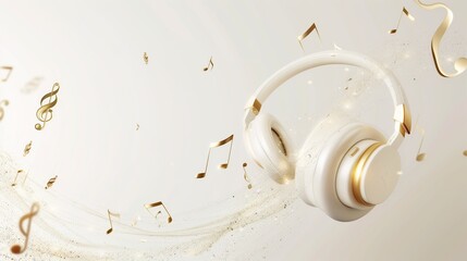 Fototapeta premium 3D music elements, floating headphones, elegant white and gold, suitable for music-related designs, sophisticated and clean.