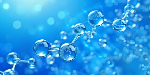 Scientific, digital art, blue background with water molecules in the foreground, perfect for educational or scientific presentations, vibrant and detailed.