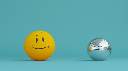 A minimalist 3D  of a yellow giddy emoji next to a silver cautious emoji, both on a solid cyan background, playing with carefree and careful emotions.