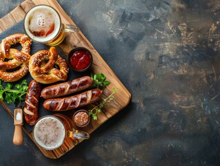 Top view of a classic German meal including sausages, pretzels, and a glass of beer, using the rule of thirds, with ample copy space
