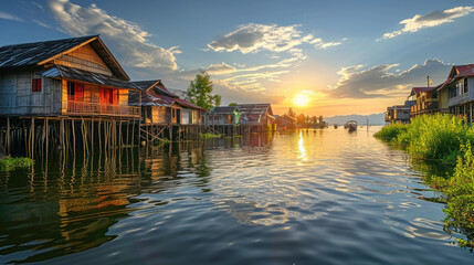 Fototapeta premium Houses with warm reflections watch a fiery sunset paint the sky over calm river water