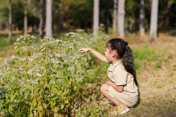 Asian girl pointing at white flowers in park, wearing tan outfit and boots. Girl squatting, engaged with nature. trees and field. Image captures curiosity and joy of childhood in peaceful outdoor