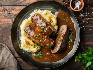 Top view of German rouladen with gravy, using the rule of thirds, with ample copy space, hearty and savory, high-quality image