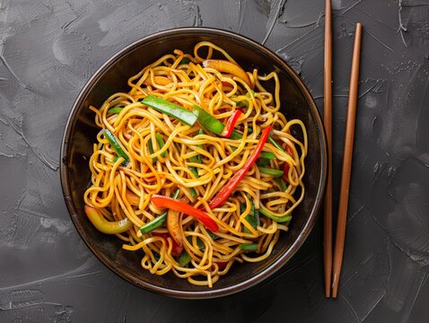 Top view of Chinese chow mein with vegetables, using the rule of thirds, with ample copy space, savory and hearty, high-quality image