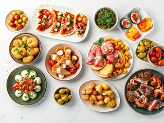 Fototapeta premium Top view of assorted Spanish tapas with a variety of small dishes, using the rule of thirds, with ample copy space
