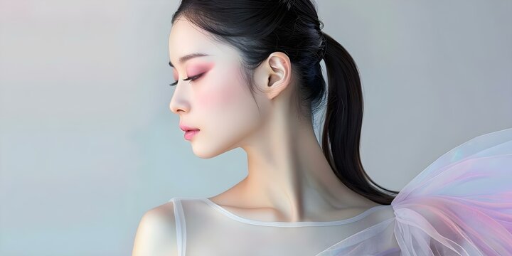 Elegant Japanese Woman in Ponytail and Ballet Dress: A Studio Portrait. Concept Studio Portrait, Elegant Style, Japanese Inspiration, Ponytail Hairstyle, Ballet Dress