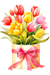 A vibrant bouquet of tulips in a gift box adorned with a ribbon. Concept of spring, fresh blooms that symbolize renewal and beauty. Perfect for Woman's Day, Mother’s Day, birthday card.