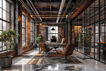 Modern office interior in loft industrial style 3d render