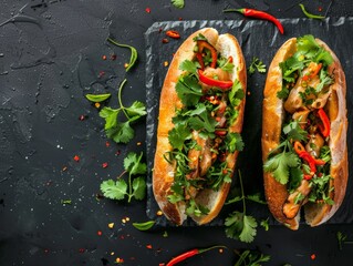 Top view of a Vietnamese banh mi sandwich with fresh vegetables and herbs, using the rule of thirds, with ample copy space