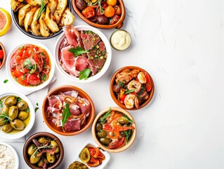 Top view of assorted Spanish tapas with a variety of small dishes, using the rule of thirds, with ample copy space