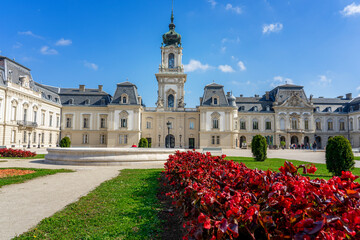 Beautiful baroque Festetics Castle in Keszthely Hungary with flowers in the park