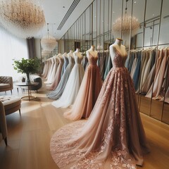 Sophisticated, formal dresses with extended lengths available for purchase at a high-end, contemporary boutique. Offering a range of prom, wedding, evening, and bridesmaid dresses, showcasing intricat