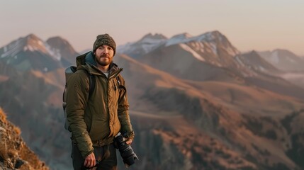 The picture of the professional photographer shooting the picture of nature with the camera and...