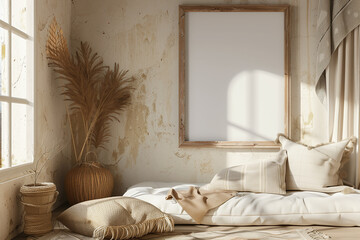 Mockup frame in nomadic boho interior background with rustic decor 3d render
