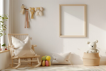Mock up frame in children room with natural wooden furniture Farmhouse style interior background 3D render