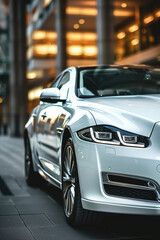 a closeup of a white car in a city