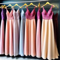 Sophisticated, formal dresses with extended lengths available for purchase at a high-end, contemporary boutique. Offering a range of prom, wedding, evening, and bridesmaid dresses, showcasing intricat