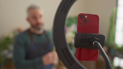 Bearded man vlogging about floristry in an indoor garden store with a smartphone and ring light