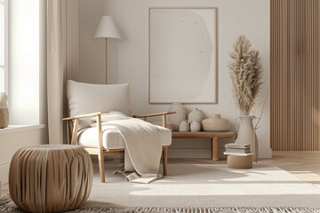 Home interior mock up cozy modern room with natural wooden furniture 3d render