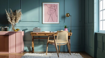 Elegantly designed workspace featuring a chic wooden desk and chair, with pastel pink and blue accents