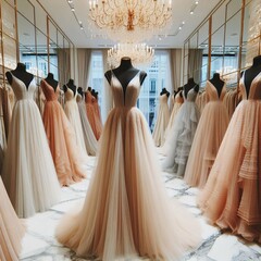 Sophisticated, formal dresses with extended lengths available for purchase at a high-end, contemporary boutique. Offering a range of prom, wedding, evening, and bridesmaid dresses, showcasing intricat
