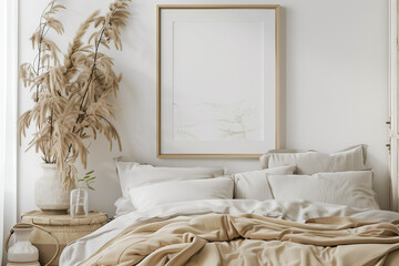 Mockup frame in light cozy and simple bedroom interior background 3d render