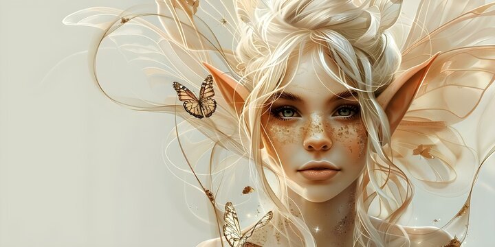 Fantasy elf queen with butterfly wings in digital art illustration. Concept Digital Art, Fantasy Illustration, Elf Queen, Butterfly Wings, Magical Creatures
