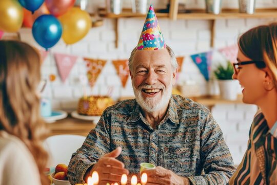 An elderly man is celebrating his birthday with his family