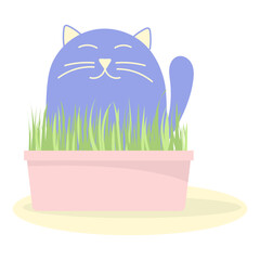 Green grass in a pink pot and cat. Cat grass, pet care and animals food supplement in bowl.  Vector illustration