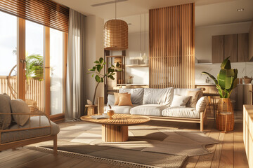 Home interior mock up cozy modern room with natural wooden furniture 3d render