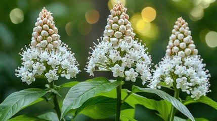   A lush green leaf-covered forest is home to a cluster of white flowers resting atop its verdant canopy