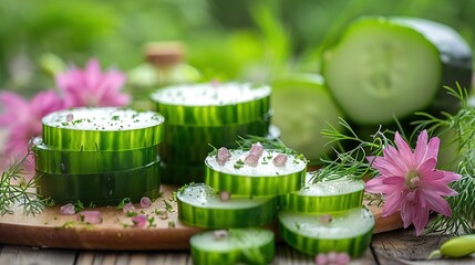   A close-up of cucumber slices on a wooden cutting board surrounded by flowers and other objects
