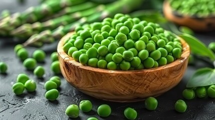   A wooden bowl brimming with vibrant green peas rests atop a table, flanked by green beans and asparagus