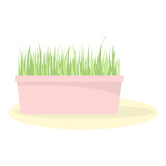 Green grass in a pink pot. Cat grass, pet care and animals food supplement in bowl.  Vector illustration