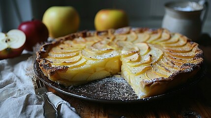    a close-up pie on a table with two apples and a cup of coffee in the background