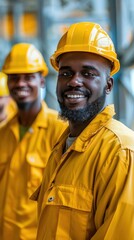Construction workers in yellow overalls and hard hats standing together, smiling