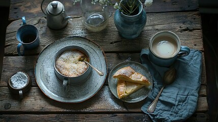   A wooden table with a plate of food and a cup of coffee next to a plate of pies