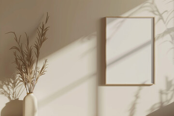 Square frame mockup close up on wall painted beige color 3d render