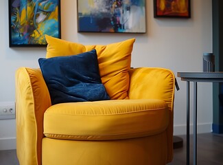 A yellow armchair with a dark blue pillow near a wall with paintings and a small table in a modern living room, photo taken on a Canon R5 DSLR camera